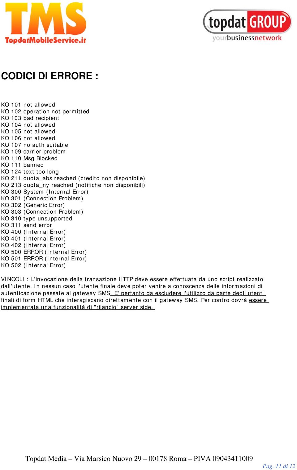 (Connection Problem) KO 302 (Generic Error) KO 303 (Connection Problem) KO 310 type unsupported KO 311 send error KO 400 (Internal Error) KO 401 (Internal Error) KO 402 (Internal Error) KO 500 ERROR