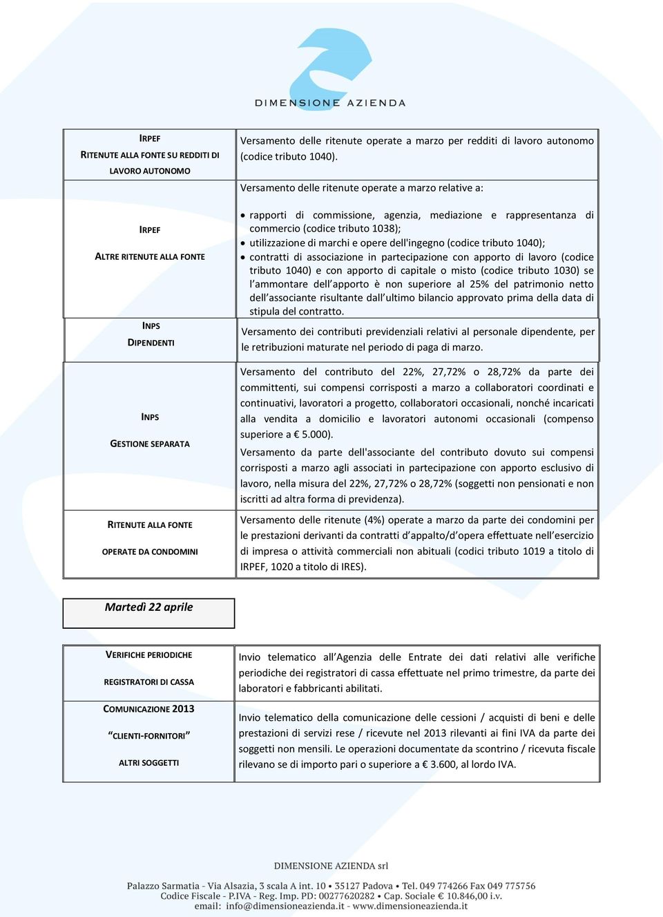 Versamento delle ritenute operate a marzo relative a: rapporti di commissione, agenzia, mediazione e rappresentanza di commercio (codice tributo 1038); utilizzazione di marchi e opere dell'ingegno