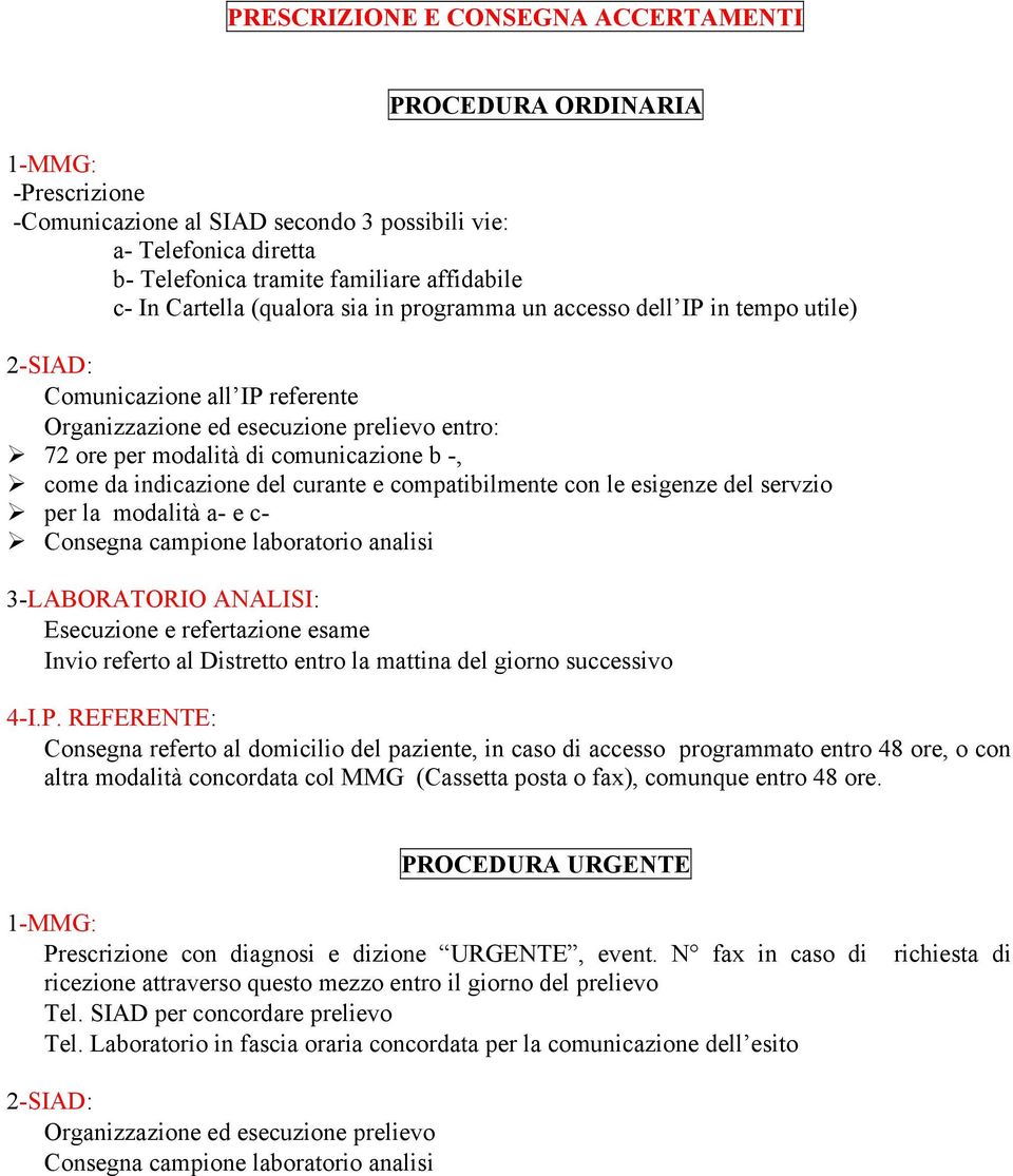 come da indicazione del curante e compatibilmente con le esigenze del servzio per la modalità a- e c- Consegna campione laboratorio analisi 3-LABORATORIO ANALISI: Esecuzione e refertazione esame