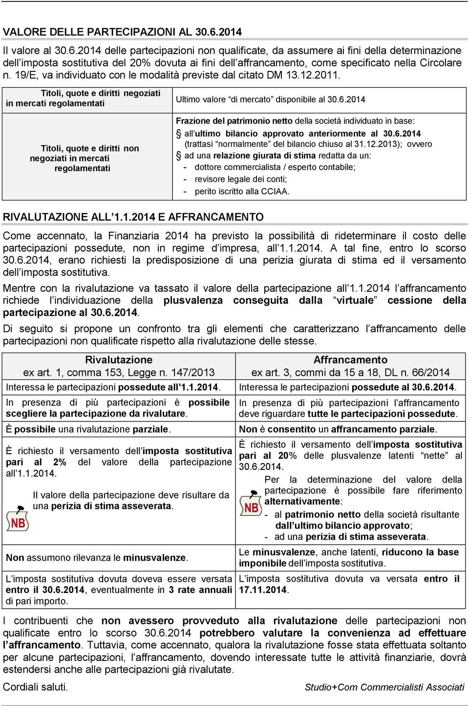 2014 delle partecipazioni non qualificate, da assumere ai fini della determinazione dell imposta sostitutiva del 20% dovuta ai fini dell affrancamento, come specificato nella Circolare n.