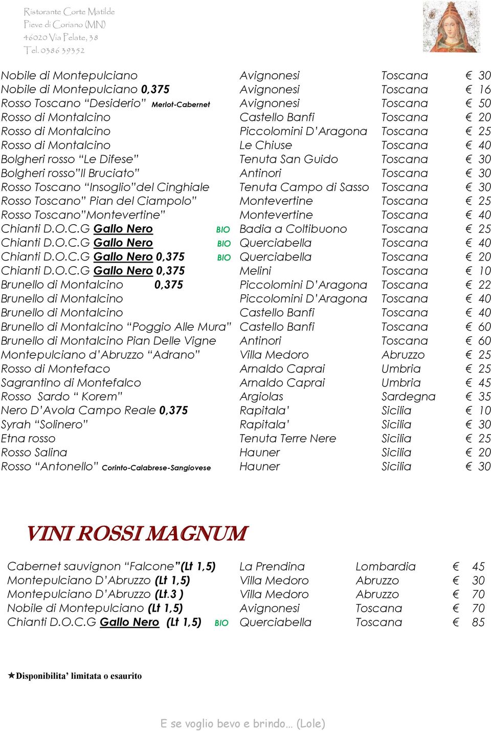 Toscana 30 Rosso Toscano Insoglio del Cinghiale Tenuta Campo di Sasso Toscana 30 Rosso Toscano Pian del Ciampolo Montevertine Toscana 25 Rosso Toscano Montevertine Montevertine Toscana 40 Chianti D.O.