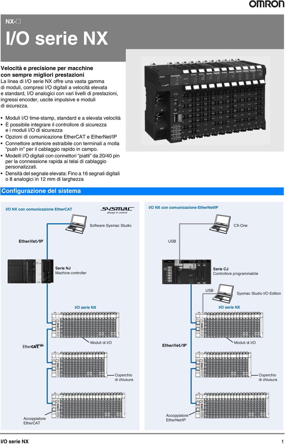 Moduli I/O time-stamp, standard e a elevata velocità È possibile integrare il controllore di sicurezza e i moduli I/O di sicurezza Opzioni di comunicazione EtherCAT e EtherNet/IP anteriore estraibile