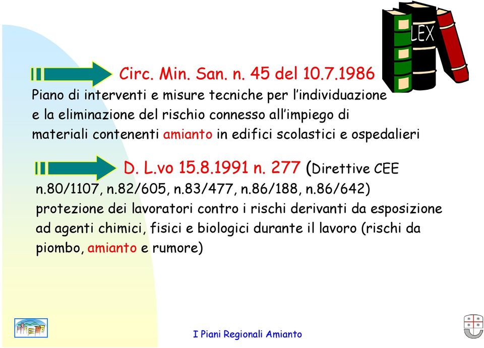 materiali contenenti amianto in edifici scolastici e ospedalieri D. L.vo 15.8.1991 1991 n. 277 (Direttivei CEE n.