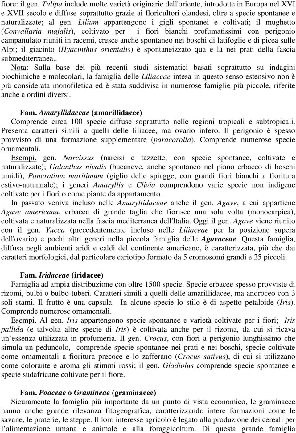 gen. Lilium appartengono i gigli spontanei e coltivati; il mughetto (Convallaria majalis), coltivato per i fiori bianchi profumatissimi con perigonio campanulato riuniti in racemi, cresce anche