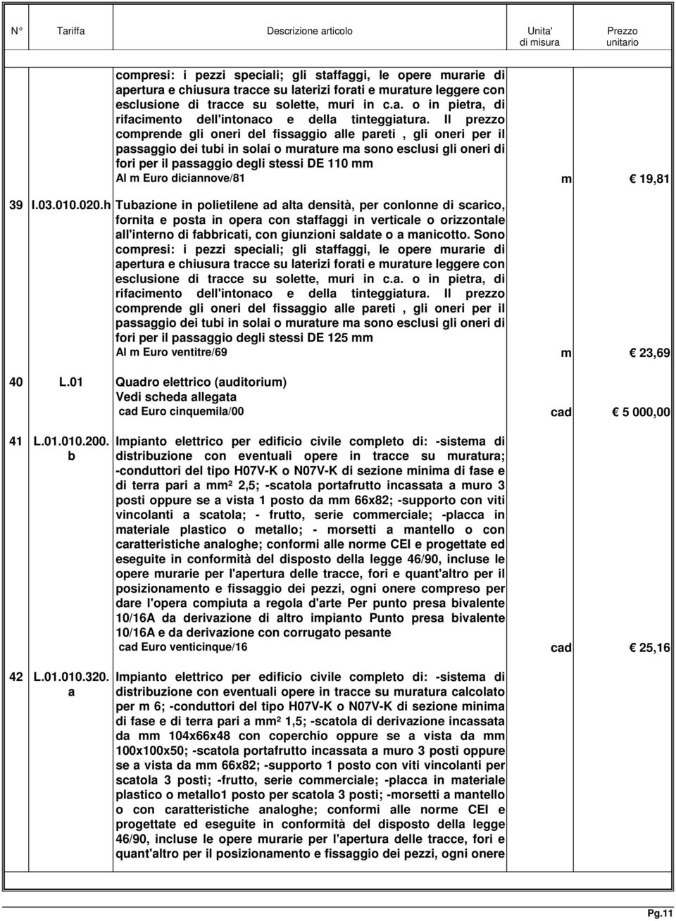 Il prezzo comprende gli oneri del fissggio lle preti, gli oneri per il pssggio dei tubi in soli o murture m sono esclusi gli oneri di fori per il pssggio degli stessi DE 110 mm Al m Euro dicinnove/81