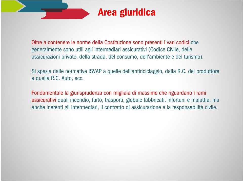 Si spazia dalle normative ISVAP a quelle dell antiriciclaggio, dalla R.C. del produttore a quella R.C. Auto, ecc.