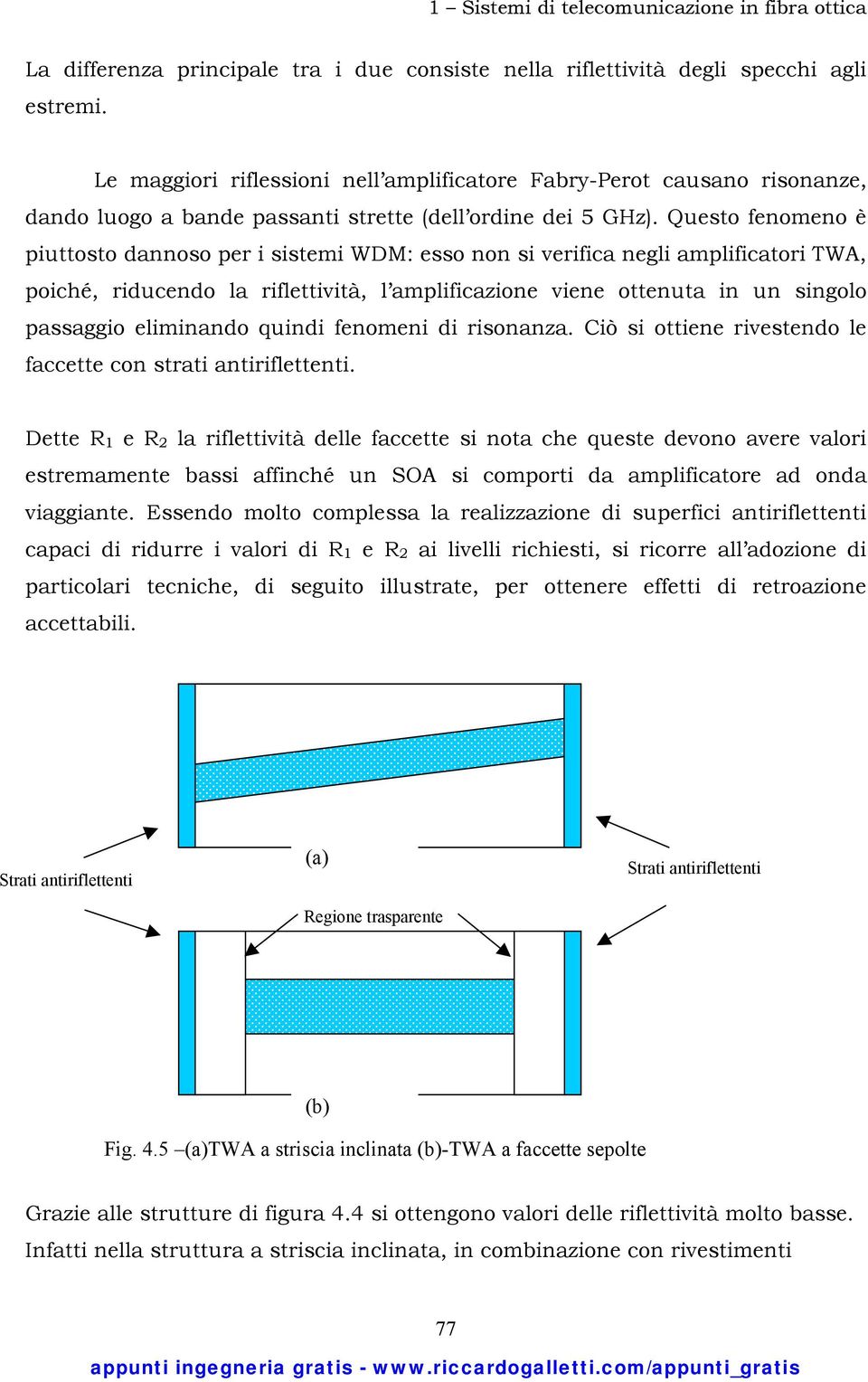 Questo fenomeno è piuttosto dannoso per i sistemi WDM: esso non si verifica negli amplificatori TWA, poiché, riducendo la riflettività, l amplificazione viene ottenuta in un singolo passaggio