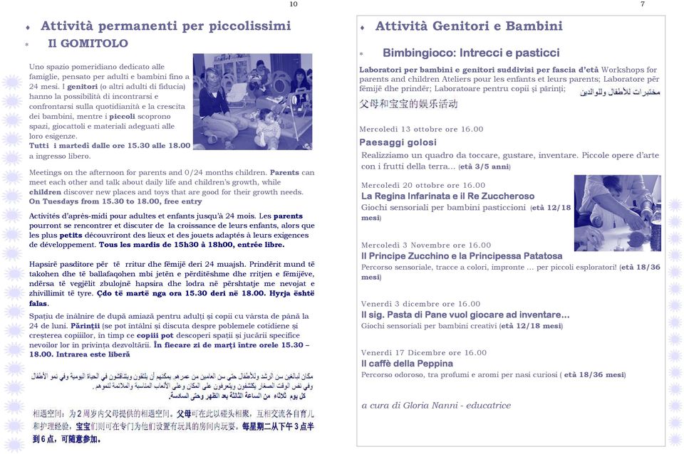 adeguati alle loro esigenze. Tutti i martedì dalle ore 15.30 alle 18.00 a ingresso libero. Meetings on the afternoon for parents and 0/24 months children.