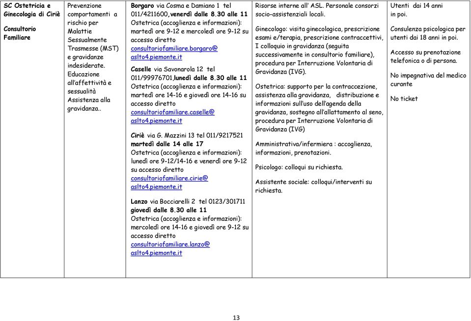 30 alle 11 Ostetrica (accoglienza e informazioni): martedì ore 9-12 e mercoledì ore 9-12 su accesso diretto consultoriofamiliare.borgaro@ Caselle via Savonarola 12 tel 011/99976701,lunedì dalle 8.
