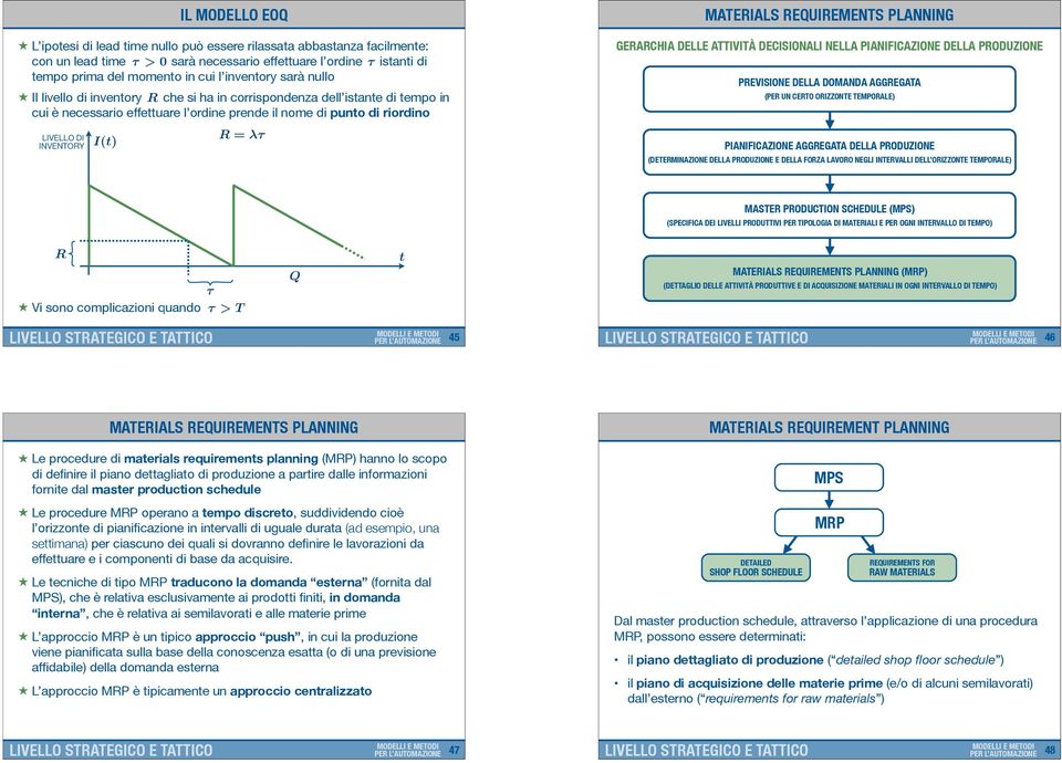 MATERIALS REQUIREMENTS PLANNING GERARCHIA DELLE ATTIVITÀ DECISIONALI NELLA PIANIFICAZIONE DELLA PRODUZIONE PREVISIONE DELLA DOMANDA AGGREGATA (PER UN CERTO ORIZZONTE TEMPORALE) PIANIFICAZIONE