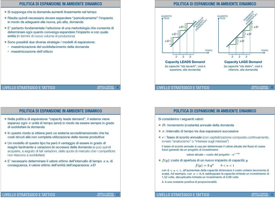 impianto e con quale entità (in termini di nuovo volume di produzione) Sono possibili due diverse strategie / modelli di espansione: massimizzazione del soddisfacimento della domanda massimizzazione