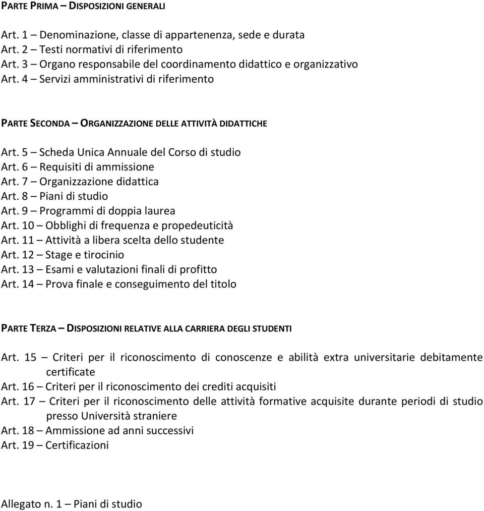 5 Scheda Unica Annuale del Corso di studio Art. 6 Requisiti di ammissione Art. 7 Organizzazione didattica Art. 8 Piani di studio Art. 9 Programmi di doppia laurea Art.