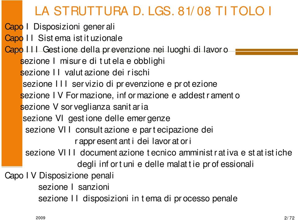 sezione II valutazione dei rischi sezione III servizio di prevenzione e protezione sezione IV Formazione, informazione e addestramento sezione V sorveglianza sanitaria