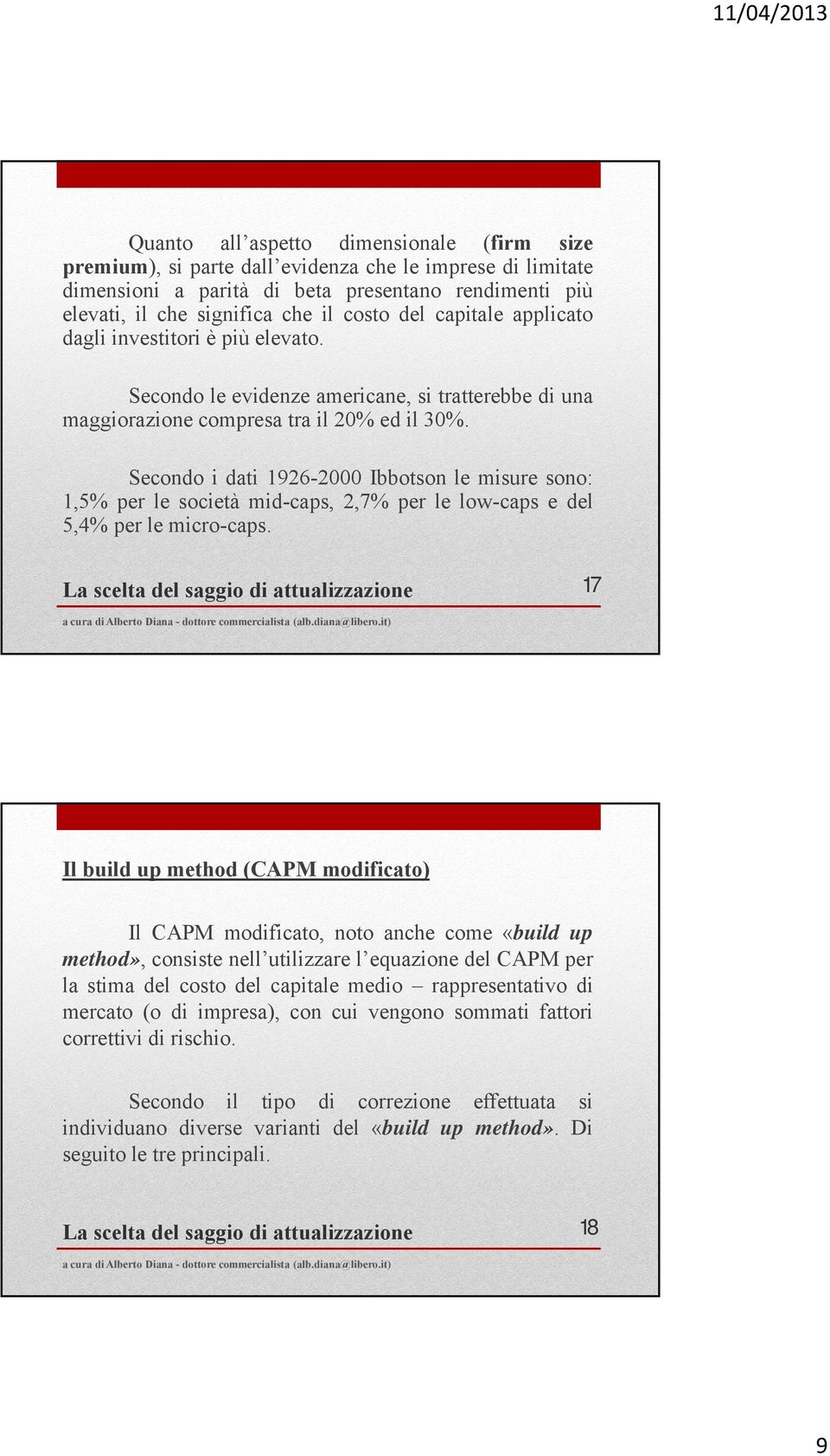 Secondo i dati 1926-2000 Ibbotson le misure sono: 1,5% per le società mid-caps, 2,7% per le low-caps e del 5,4% per le micro-caps.