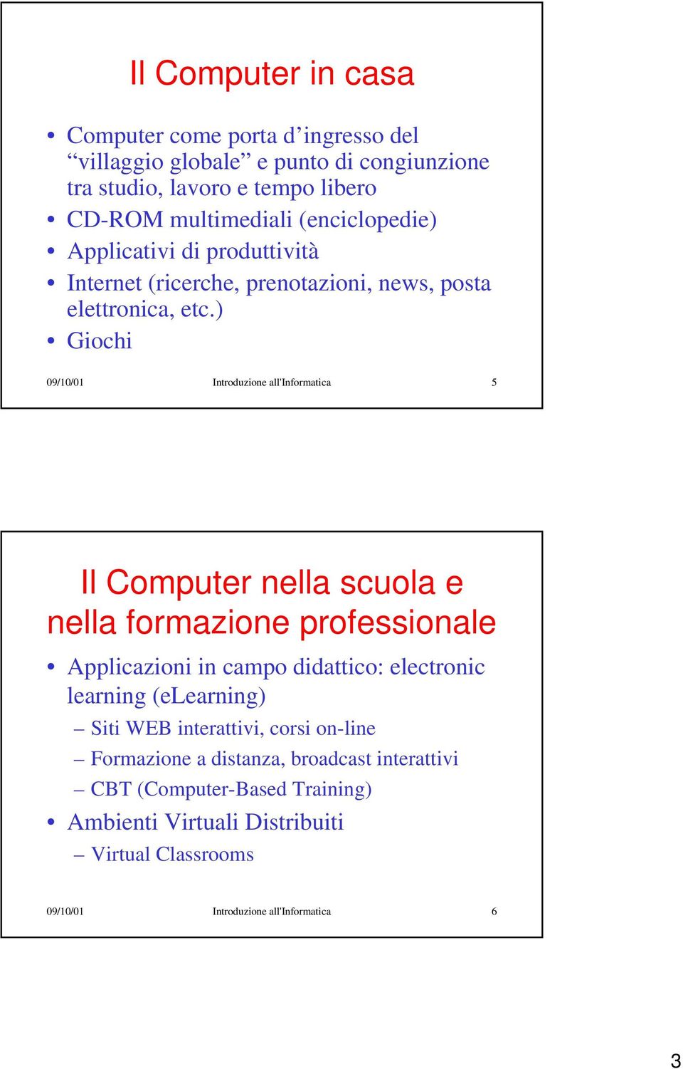 ) Giochi 09/10/01 Introduzione all'informatica 5 Il Computer nella scuola e nella formazione professionale Applicazioni in campo didattico: electronic