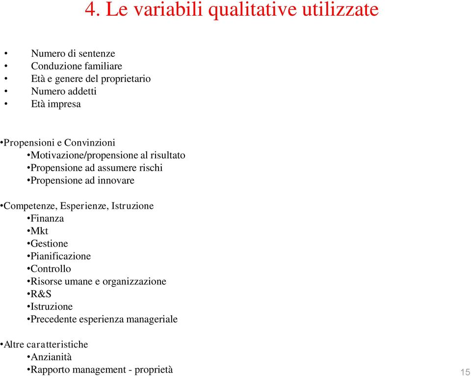 Propensione ad innovare Competenze, Esperienze, Istruzione Finanza Mkt Gestione Pianificazione Controllo Risorse umane e