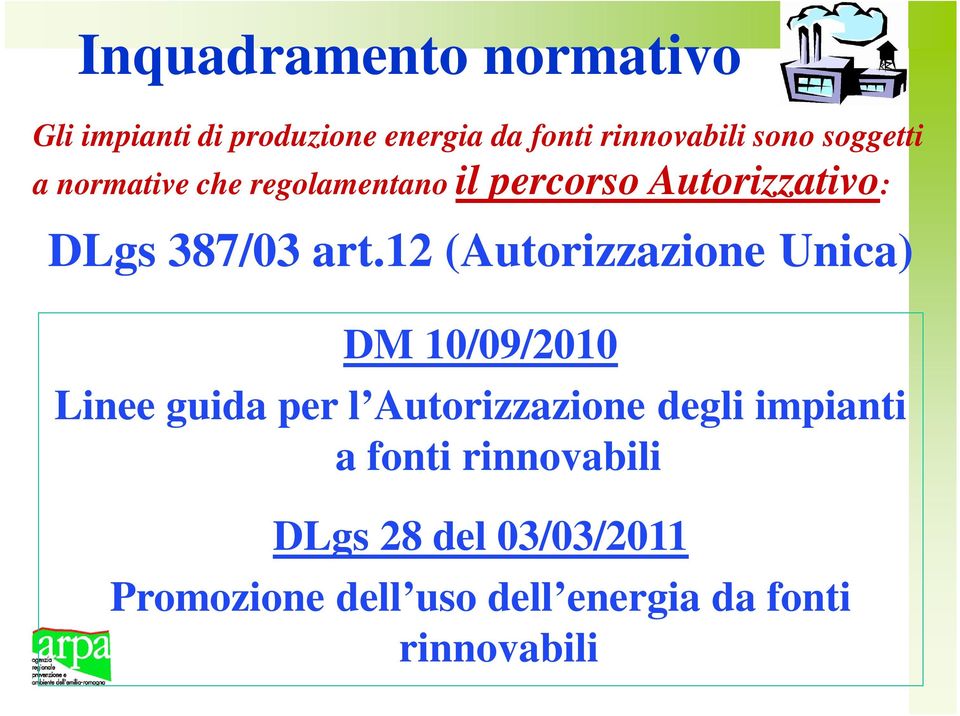 12 (Autorizzazione Unica) DM 10/09/2010 Linee guida per l Autorizzazione degli impianti