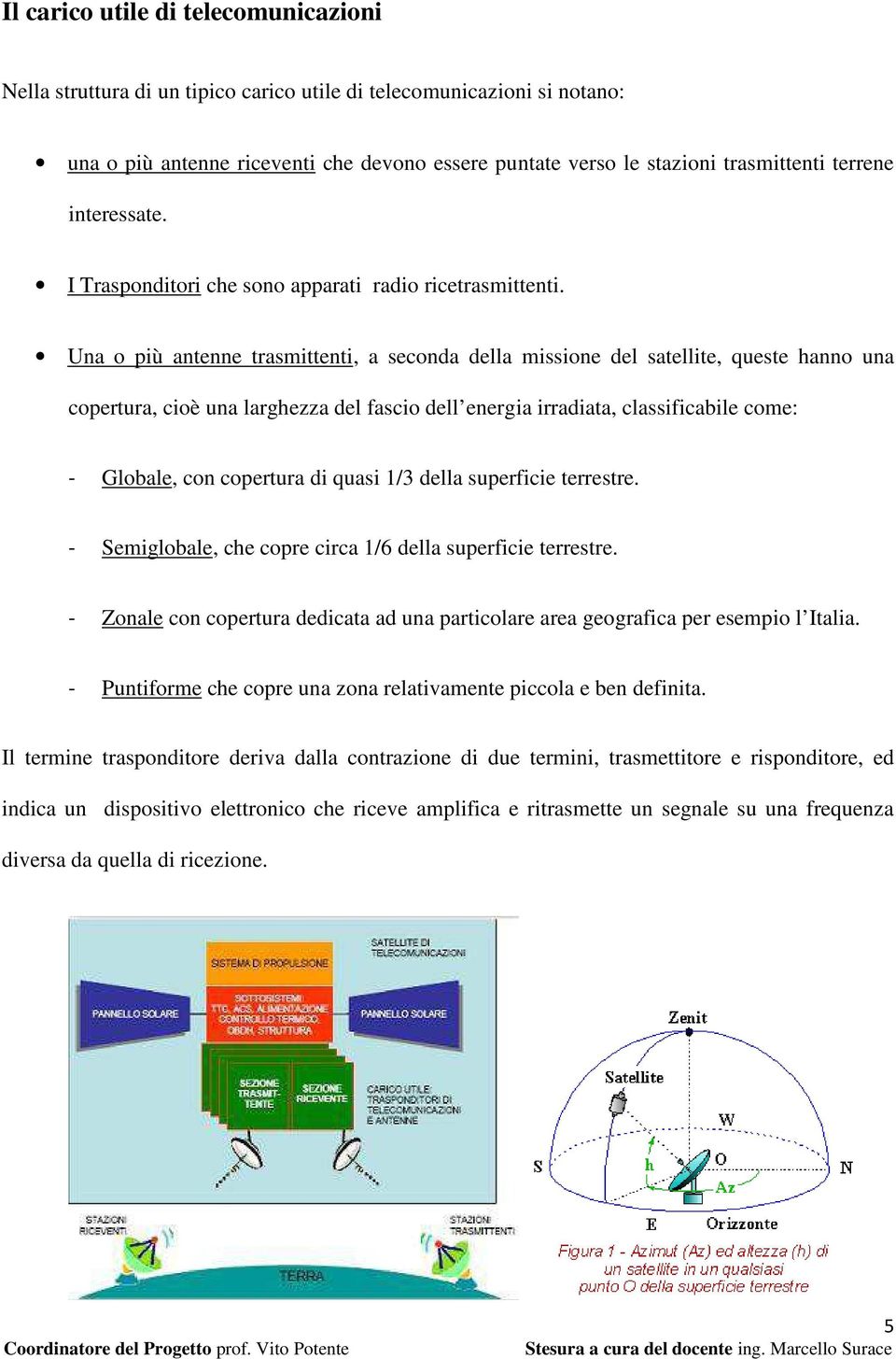 Una o più antenne trasmittenti, a seconda della missione del satellite, queste hanno una copertura, cioè una larghezza del fascio dell energia irradiata, classificabile come: - Globale, con copertura