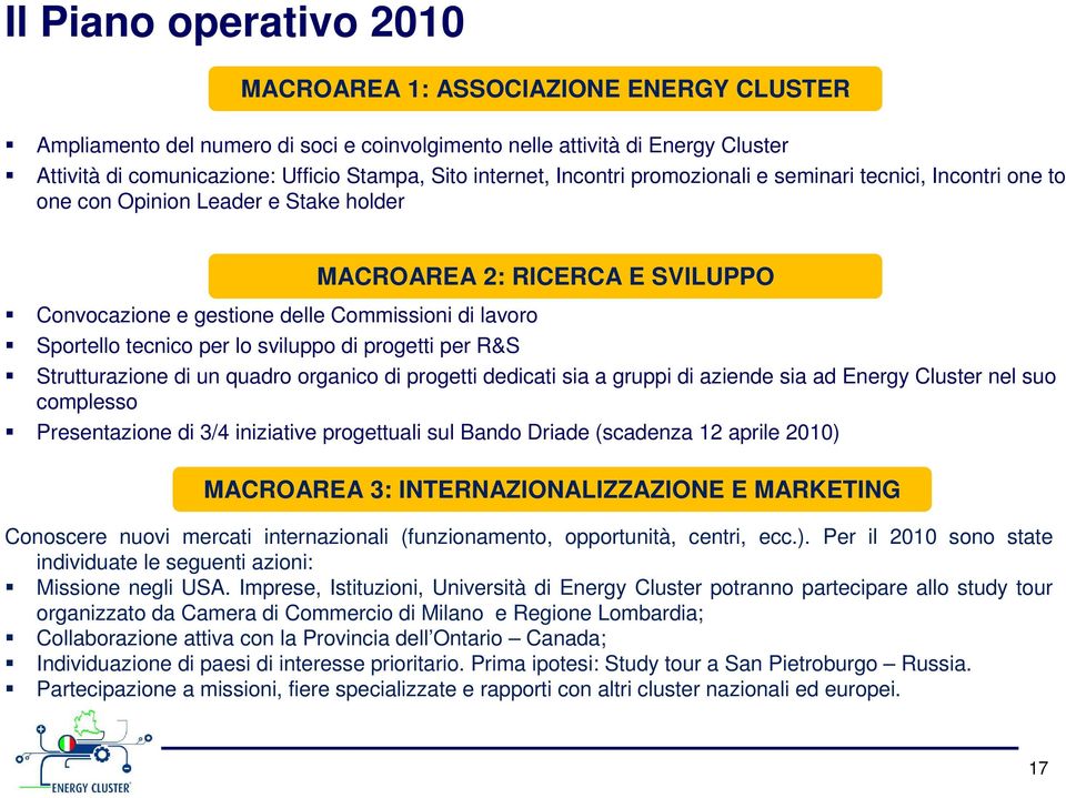 progetti per R&S MACROAREA 2: RICERCA E SVILUPPO Strutturazione di un quadro organico di progetti dedicati sia a gruppi di aziende sia ad Energy Cluster nel suo complesso Presentazione di 3/4