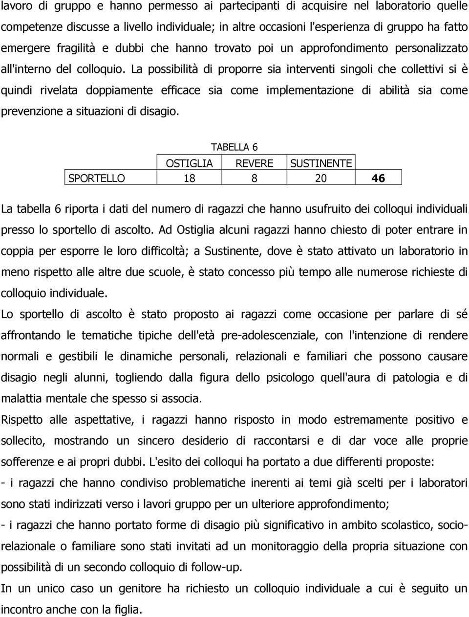 La possibilità di proporre sia interventi singoli che collettivi si è quindi rivelata doppiamente efficace sia come implementazione di abilità sia come prevenzione a situazioni di disagio.