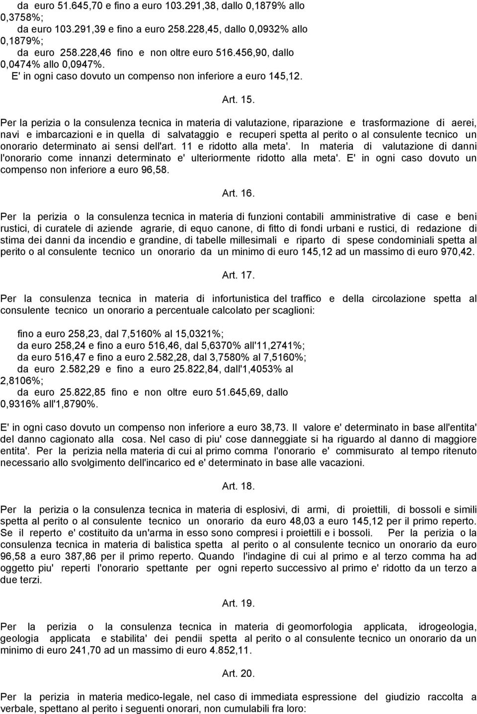 tecnico un onorario determinato ai sensi dell'art. 11 e ridotto alla meta'. In materia di valutazione di danni l'onorario come innanzi determinato e' ulteriormente ridotto alla meta'.