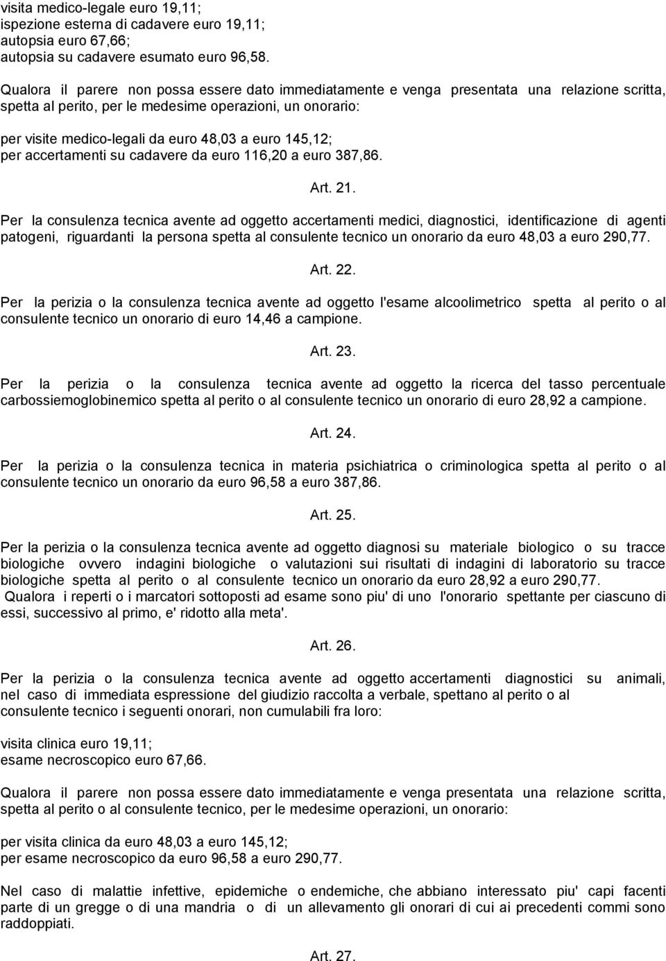 euro 145,12; per accertamenti su cadavere da euro 116,20 a euro 387,86. Art. 21.