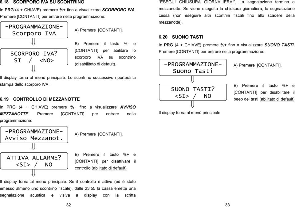 Lo scontrino successivo riporterà la stampa dello scorporo IVA. 6.19 CONTROLLO DI MEZZANOTTE In PRG (4 + CHIAVE) premere %+ fino a visualizzare AVVISO MEZZANOTTE.