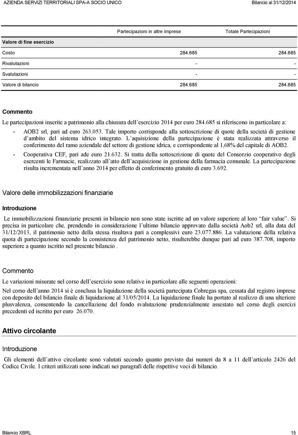 L aquisizione della partecipazione è stata realizzata attraverso il conferimento del ramo aziendale del settore di gestione idrica, e corrispondente al 1,68% del capitale di AOB2.