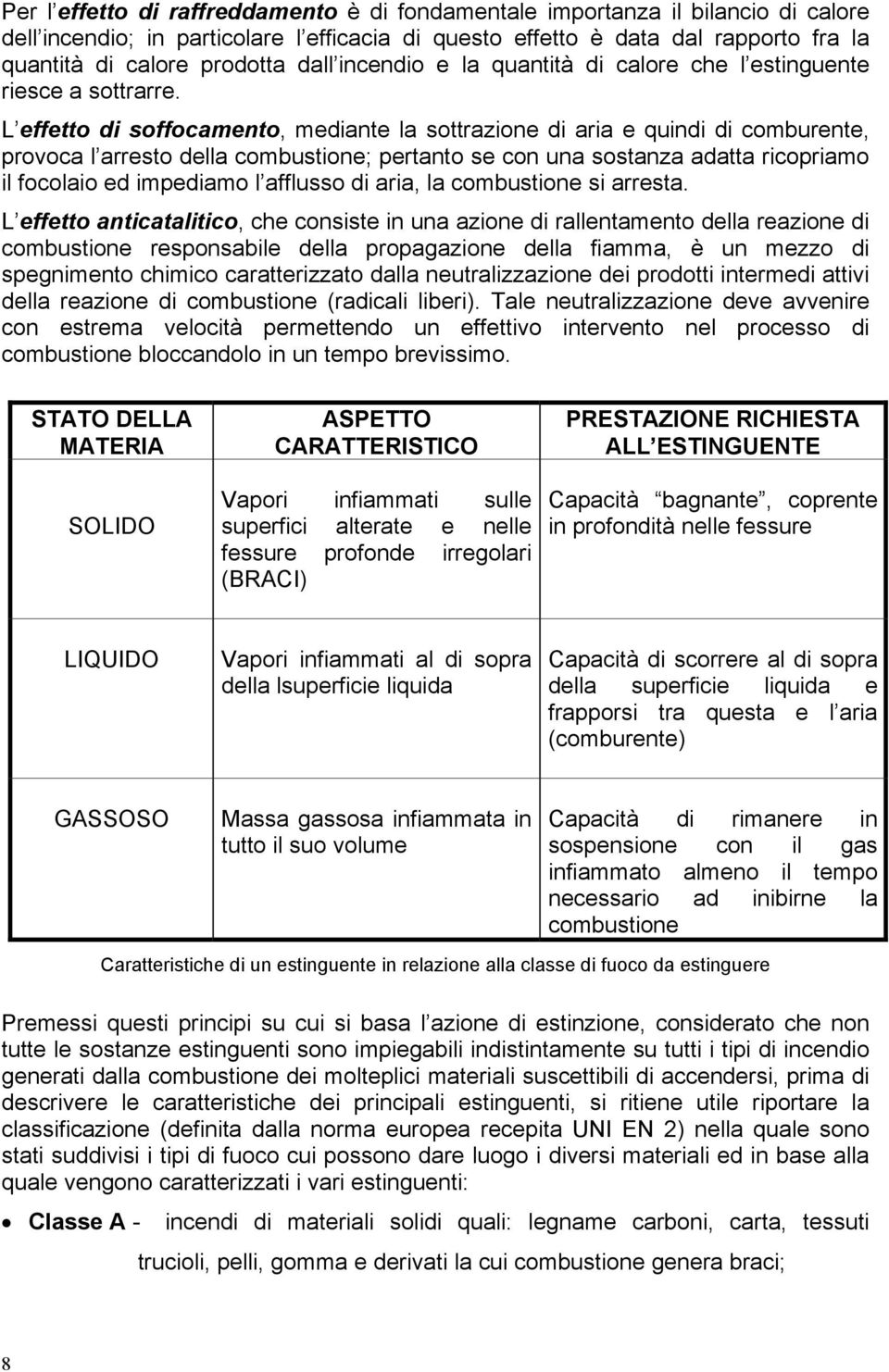 L effetto di soffocamento, mediante la sottrazione di aria e quindi di comburente, provoca l arresto della combustione; pertanto se con una sostanza adatta ricopriamo il focolaio ed impediamo l