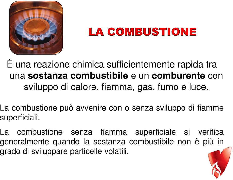 La combustione può avvenire con o senza sviluppo di fiamme superficiali.