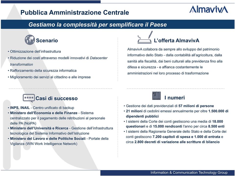 dello Stato - dalla contabilità all agricoltura, dalla sanità alla fiscalità, dai beni culturali alla previdenza fino alla difesa e sicurezza - e affianca costantemente le amministrazioni nel loro