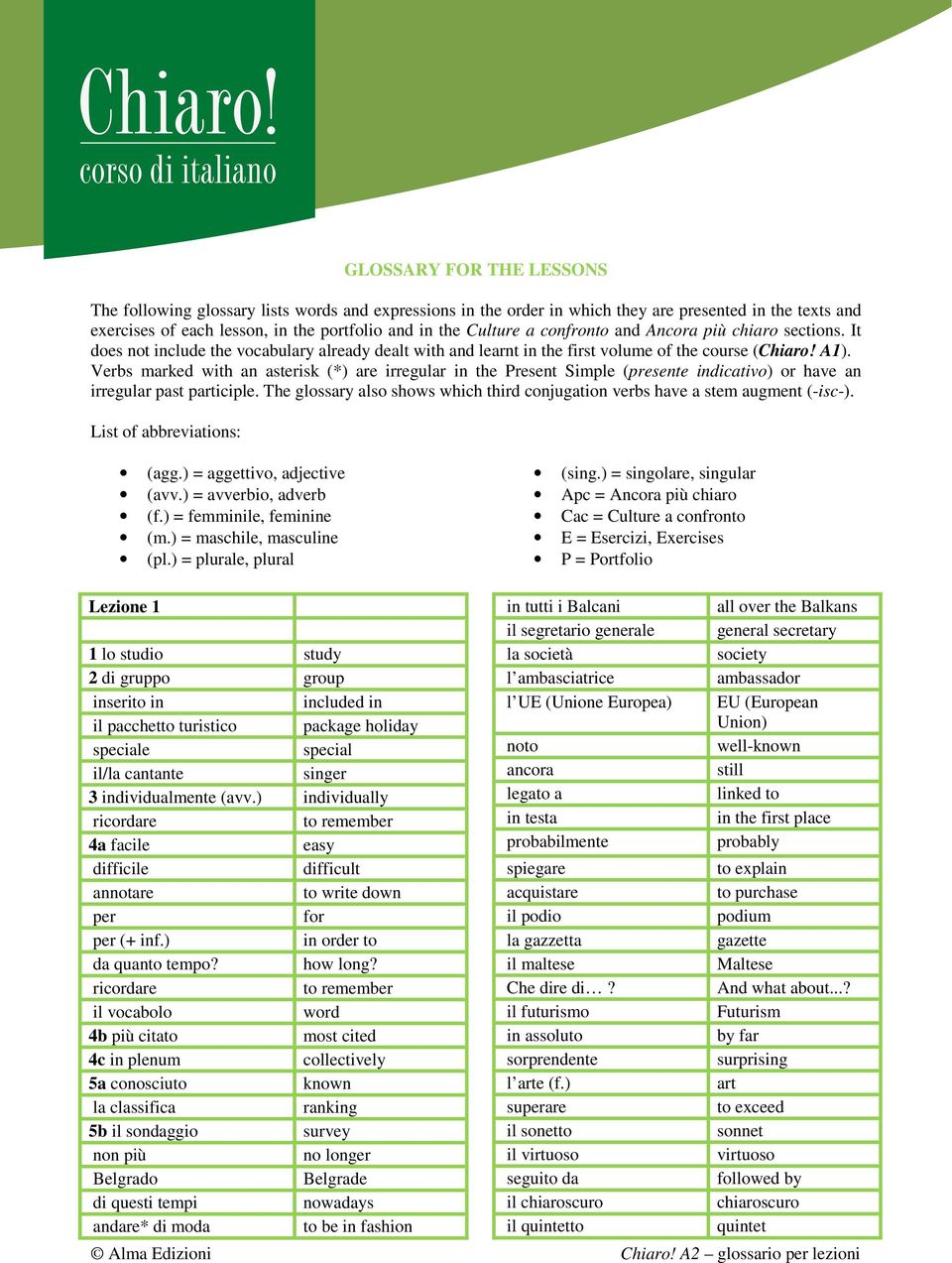 Verbs marked with an asterisk (*) are irregular in the Present Simple (presente indicativo) or have an irregular past participle.