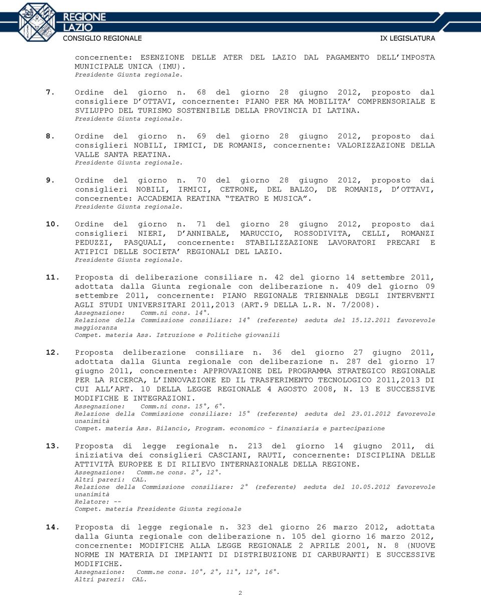 69 del giorno 28 giugno 2012, proposto dai consiglieri NOBILI, IRMICI, DE ROMANIS, concernente: VALORIZZAZIONE DELLA VALLE SANTA REATINA. 9. Ordine del giorno n.