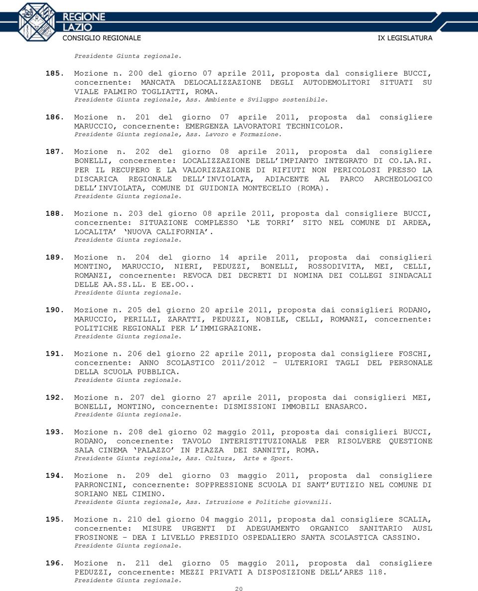 Mozione n. 202 del giorno 08 aprile 2011, proposta dal consigliere BONELLI, concernente: LOCALIZZAZIONE DELL IMPIANTO INTEGRATO DI CO.LA.RI.