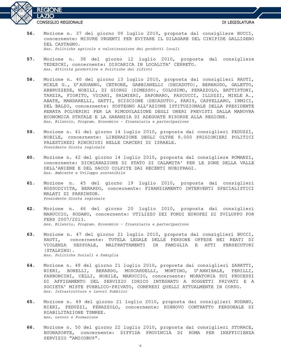 Attività produttive e Politiche dei rifiuti 58. Mozione n. 40 del giorno 13 luglio 2010, proposta dai consiglieri RAUTI, MIELE G.