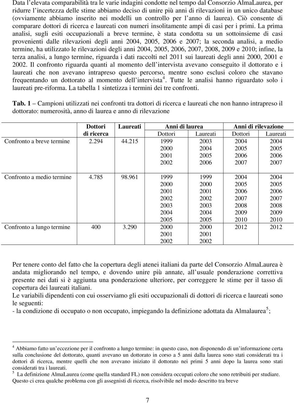 La prima analisi, sugli esiti occupazionali a breve termine, è stata condotta su un sottoinsieme di casi provenienti dalle rilevazioni degli anni 2004, 2005, 2006 e 2007; la seconda analisi, a medio