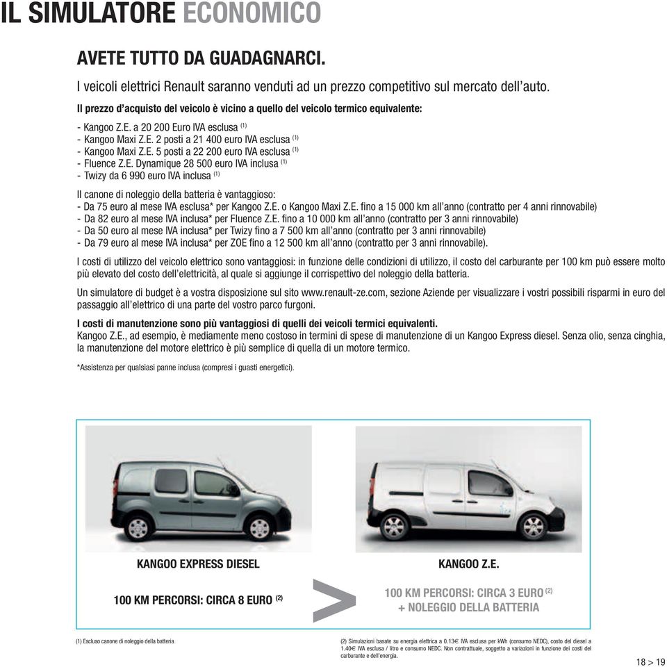 E. 5 posti a 22 200 euro IVA esclusa (1) - Fluence Z.E. Dynamique 28 500 euro IVA inclusa (1) - Twizy da 6 990 euro IVA inclusa (1) Il canone di noleggio della batteria è vantaggioso: - Da 75 euro al mese IVA esclusa* per Kangoo Z.