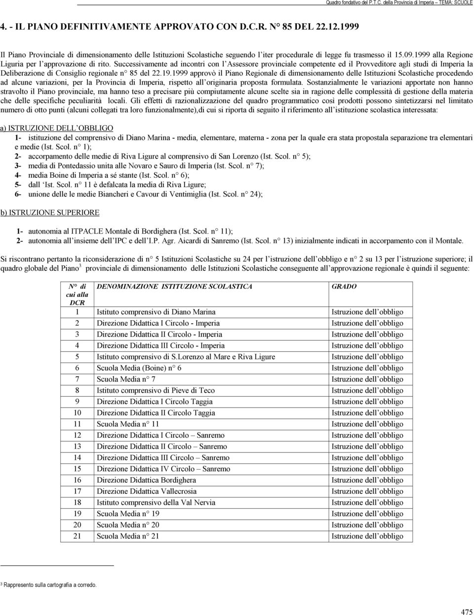 Successivamente ad incontri con l Assessore provinciale competente ed il Provveditore agli studi di Imperia la Deliberazione di Consiglio regionale n 85 del 22.19.