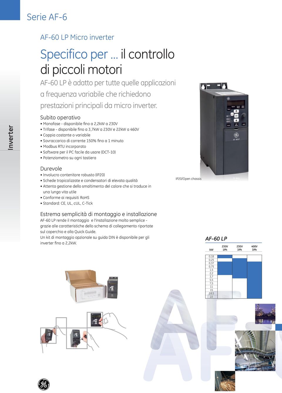 Subito operativo Monofase - disponibile fino a 2,2kW a 230V Trifase - disponibile fino a 3,7kW a 230V e 22kW a 460V Coppia costante o variabile Sovraccarico di corrente 150% fino a 1 minuto Modbus