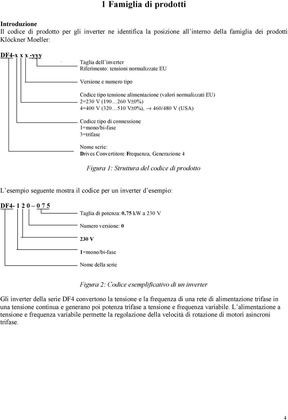 connessione 1=mono/bi-fase 3=trifase Nome serie: Drives Convertitore Frequenza, Generazione 4 Figura 1: Struttura del codice di prodotto L esempio seguente mostra il codice per un inverter d esempio: