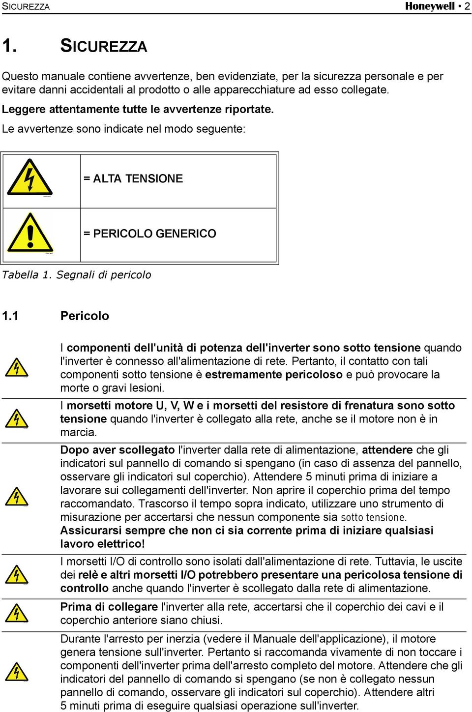 Leggere attentamente tutte le avvertenze riportate. Le avvertenze sono indicate nel modo seguente: = ALTA TENSIONE = PERICOLO GENERICO Tabella 1. Segnali di pericolo 1.