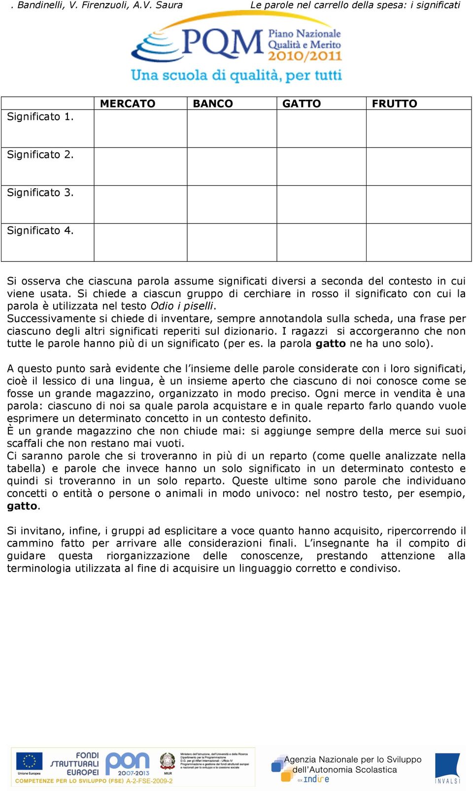 Si chiede a ciascun gruppo di cerchiare in rosso il significato con cui la parola è utilizzata nel testo Odio i piselli.