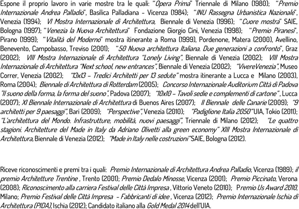 (1998); Premio Piranesi, Pirano (1999); Vitalità del Moderno mostra itinerante a Roma (1999), Pordenone, Matera (2000), Avellino, Benevento, Campobasso, Treviso (2001); 50 Nuova architettura Italiana.