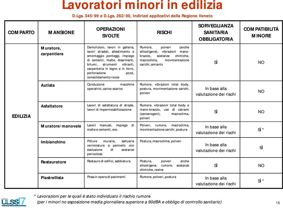 262/00, Indirizzi applicativi della Regione Veneto COMPARTO MANSIONE OPERAZIONI SVOLTE RISCHI SORVEGLIANZA SANITARIA OBBLIGATORIA COMPATIBILITÁ MINORE Muratore, carpentiere Demolizioni, lavori in