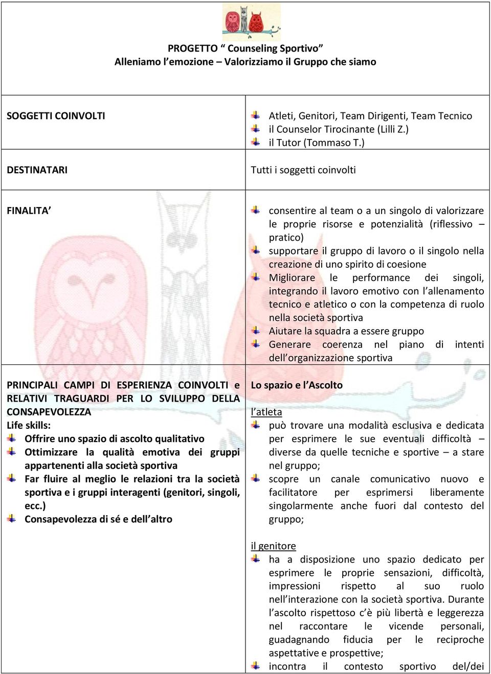 ) Tutti i soggetti coinvolti FINALITA PRINCIPALI CAMPI DI ESPERIENZA COINVOLTI e RELATIVI TRAGUARDI PER LO SVILUPPO DELLA CONSAPEVOLEZZA Life skills: Offrire uno spazio di ascolto qualitativo