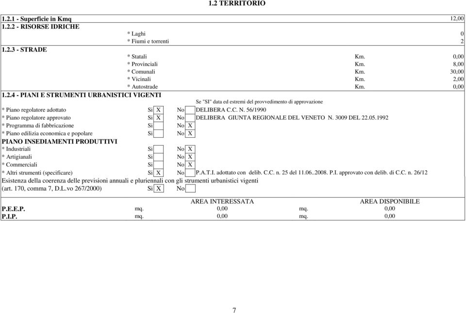 DELIBERA C.C. N. 56/1990 * Piano regolatore approvato Si X No DELIBERA GIUNTA REGIONALE DEL VENETO N. 3009 DEL 22.05.