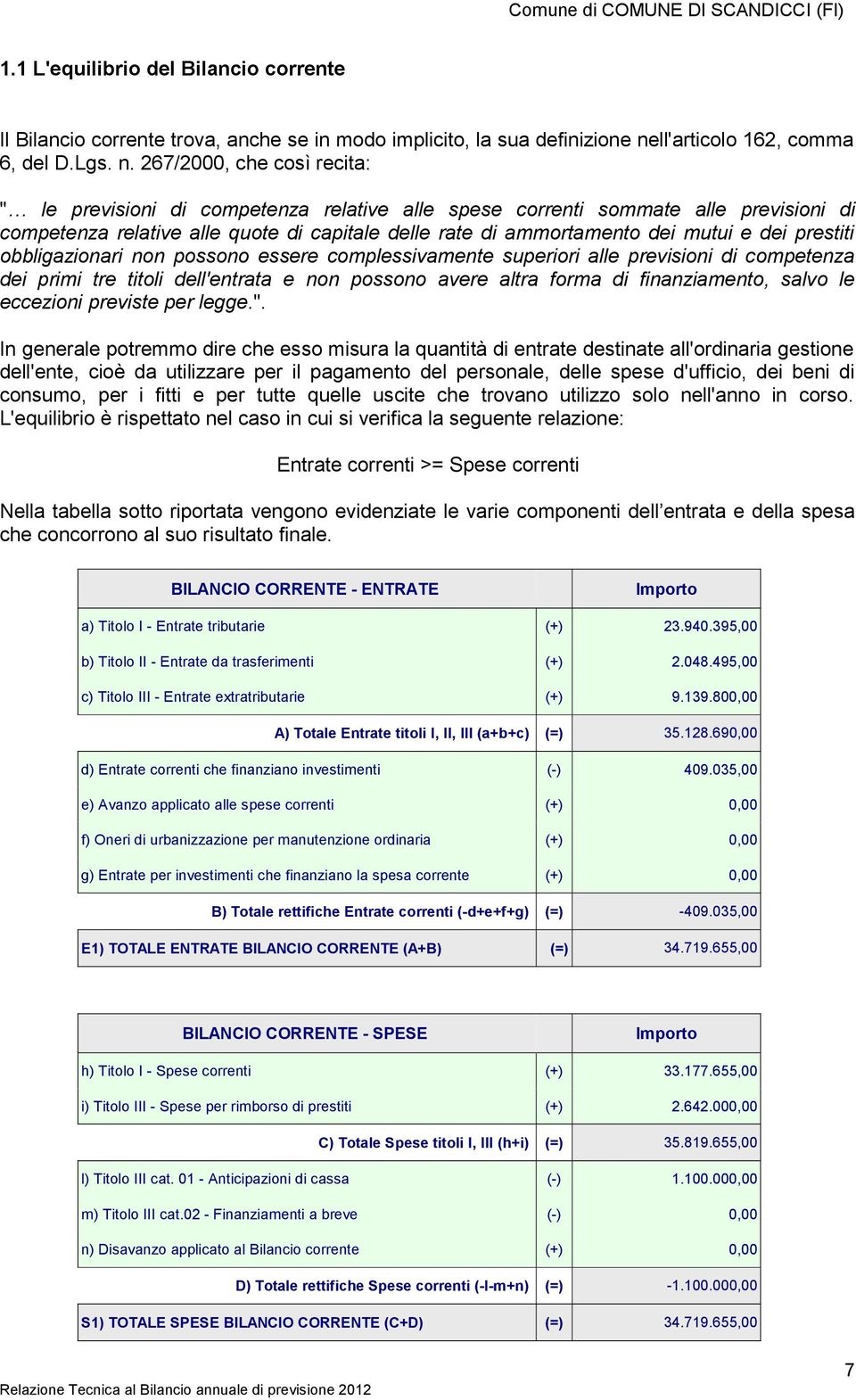 267/2000, che così recita: " le previsioni di competenza relative alle spese correnti sommate alle previsioni di competenza relative alle quote di capitale delle rate di ammortamento dei mutui e dei