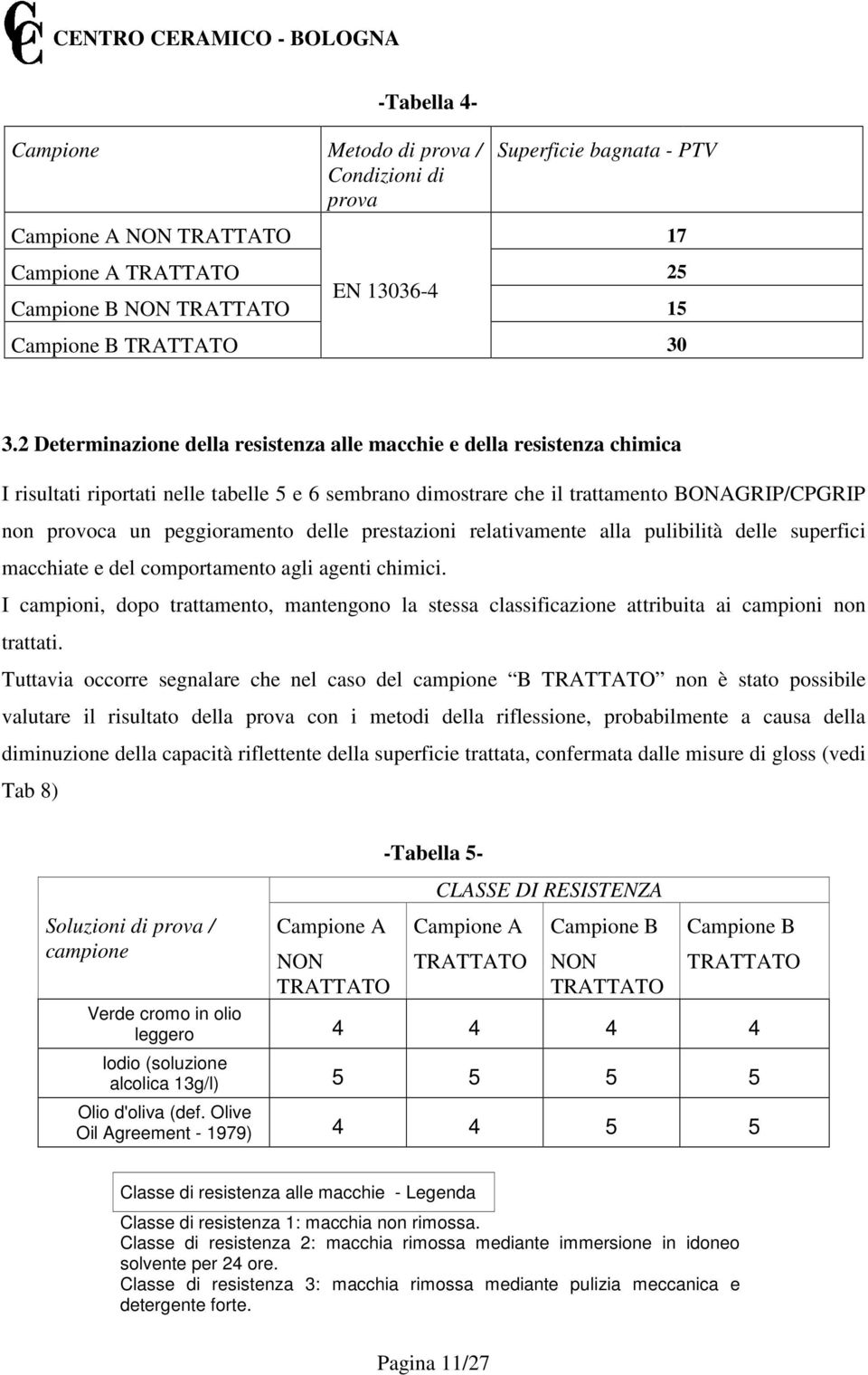 delle prestazioni relativamente alla pulibilità delle superfici macchiate e del comportamento agli agenti chimici.