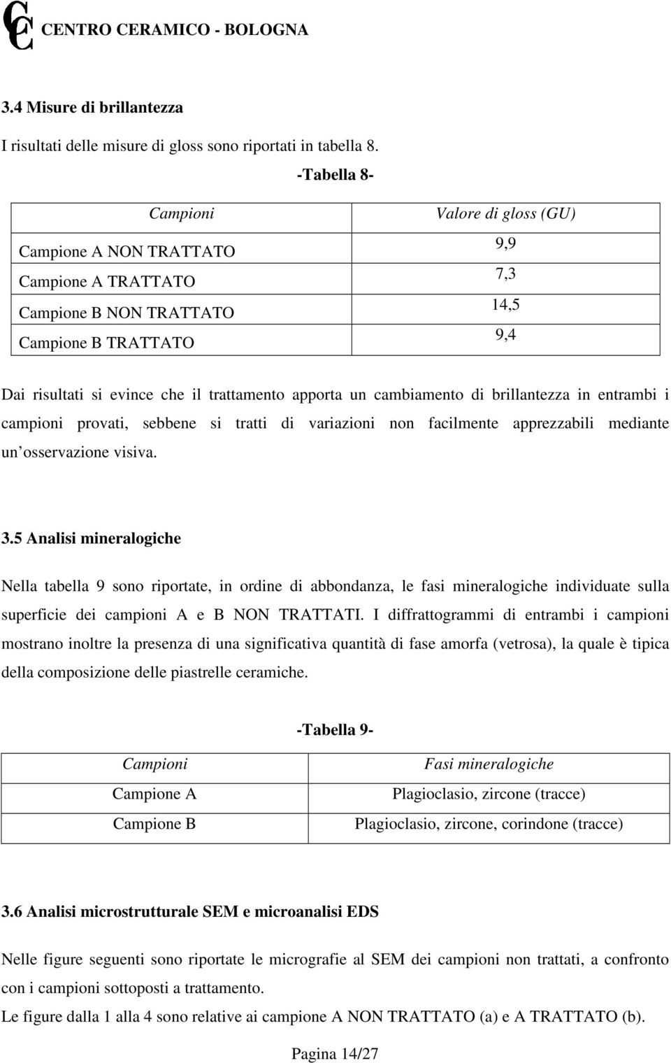 entrambi i campioni provati, sebbene si tratti di variazioni non facilmente apprezzabili mediante un osservazione visiva. 3.