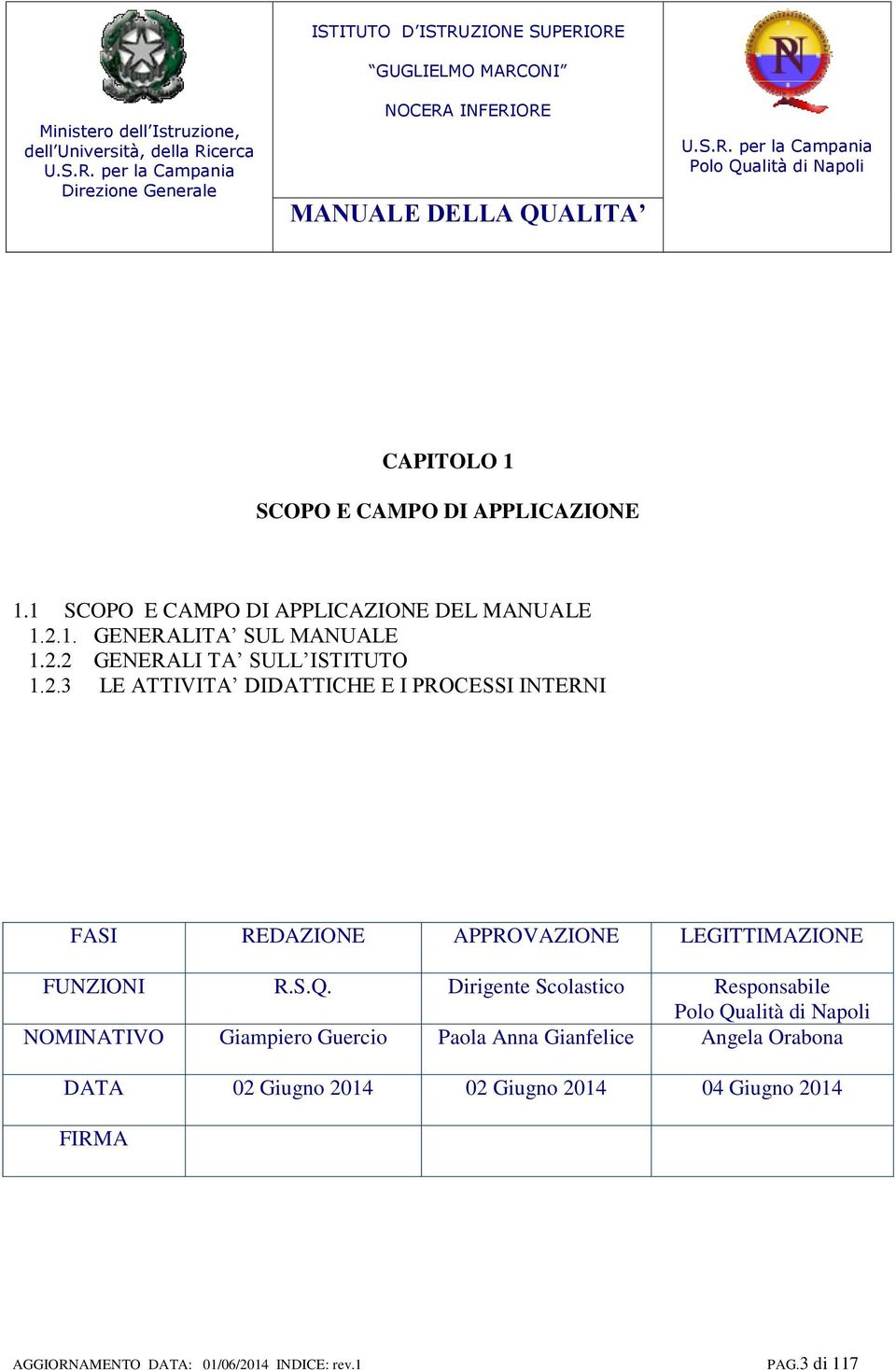 S.Q. Dirigente Scolastico Responsabile NOMINATIVO Giampiero Guercio Paola Anna Gianfelice Angela Orabona DATA 02